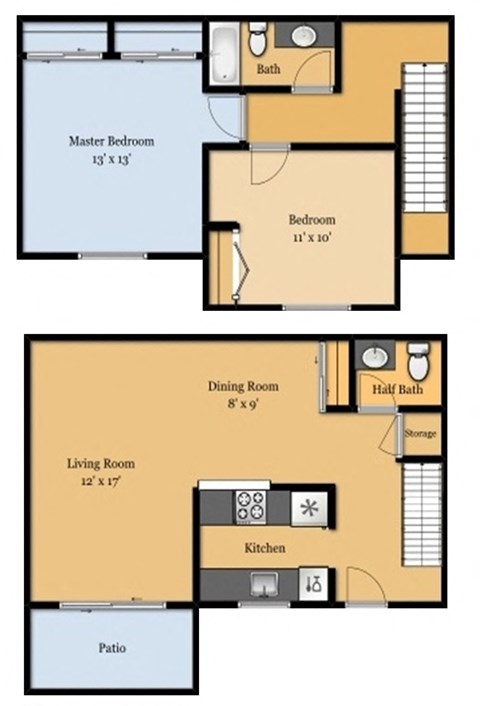 Floor plan for 2 beds, 1.5 baths, 1042 sqft